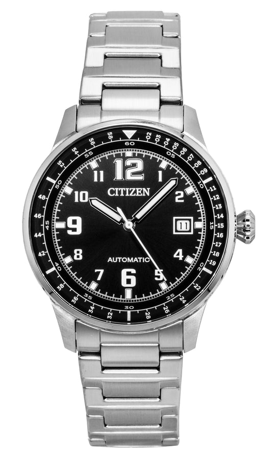 Citizen Automatic movement Black Stainless steel Male NJ0190-51E. A brand-new Citizen watch featuring a Black dial and a Stainless steel strap. Angled view.