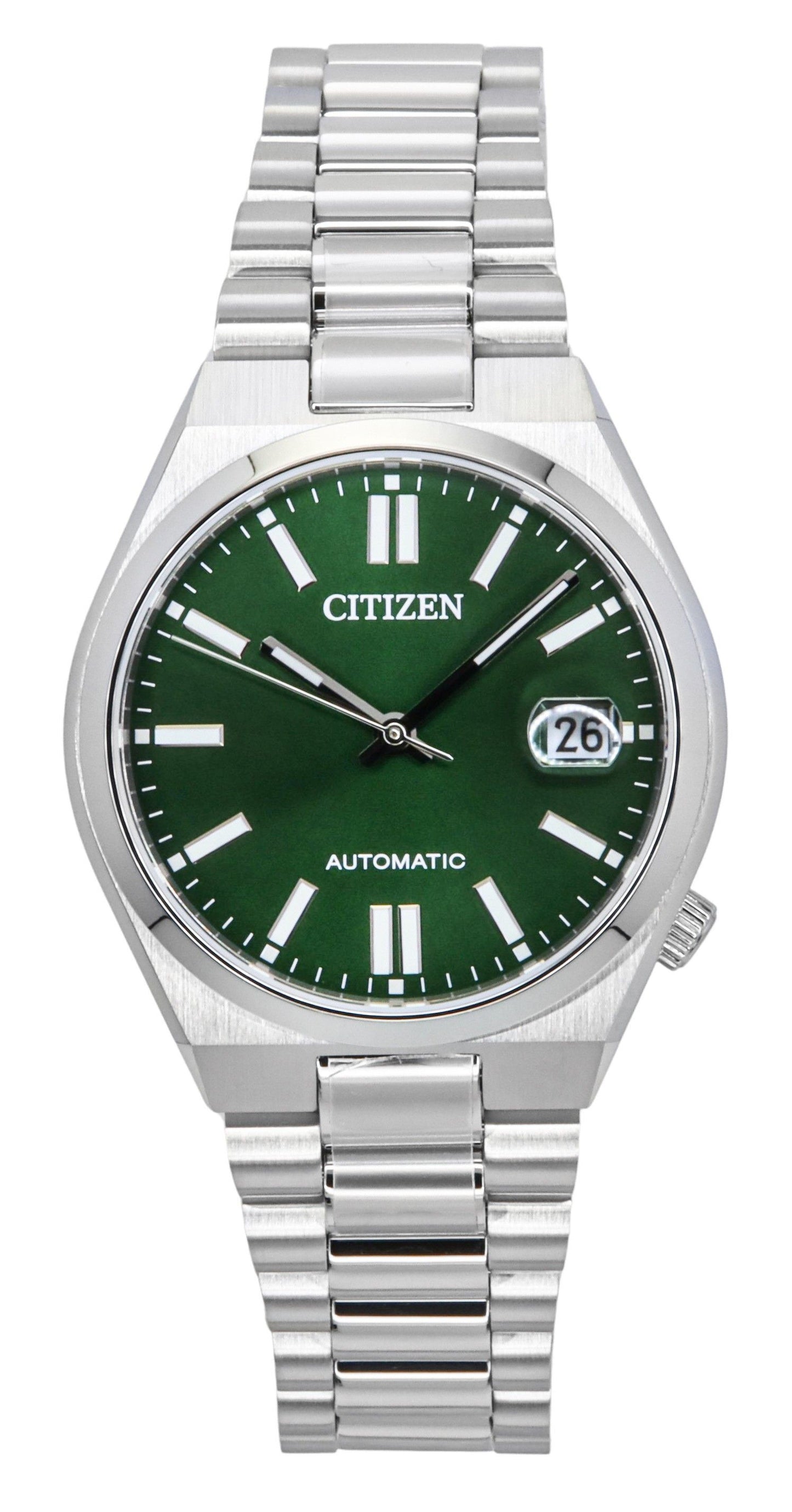 Citizen Tsuyosa Automatic movement Green Stainless steel Male NJ0200-50X. A brand-new Citizen Tsuyosa watch featuring a Green dial and a Stainless steel strap. Angled view.