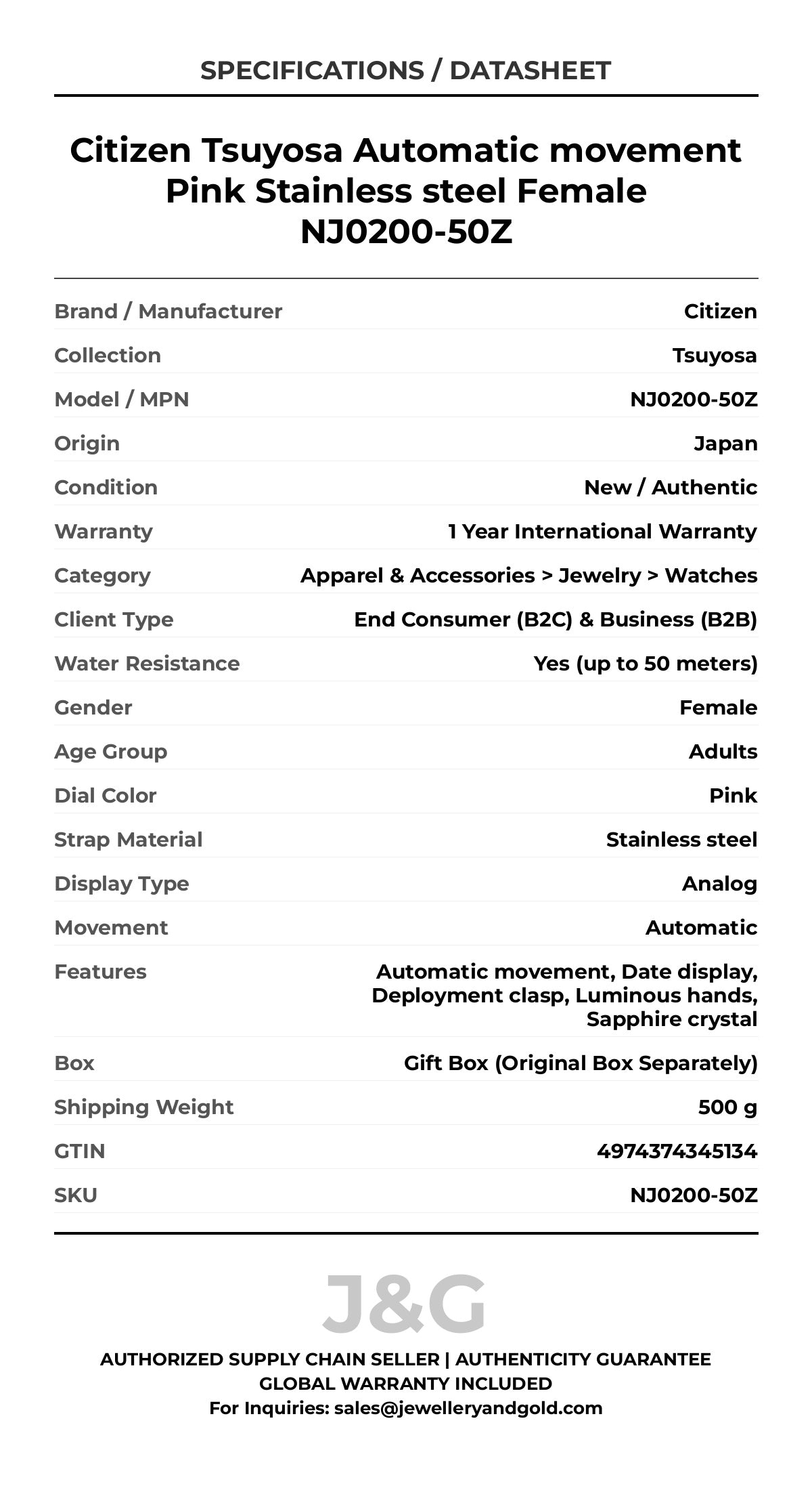 Citizen Tsuyosa Automatic movement Pink Stainless steel Female NJ0200-50Z - Specifications