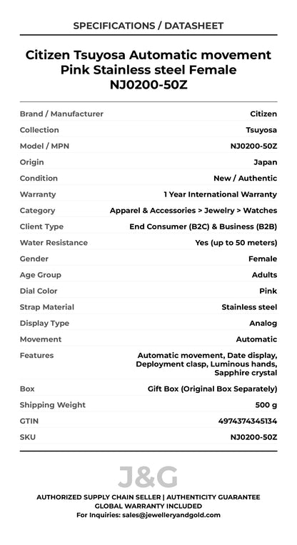 Citizen Tsuyosa Automatic movement Pink Stainless steel Female NJ0200-50Z - Specifications