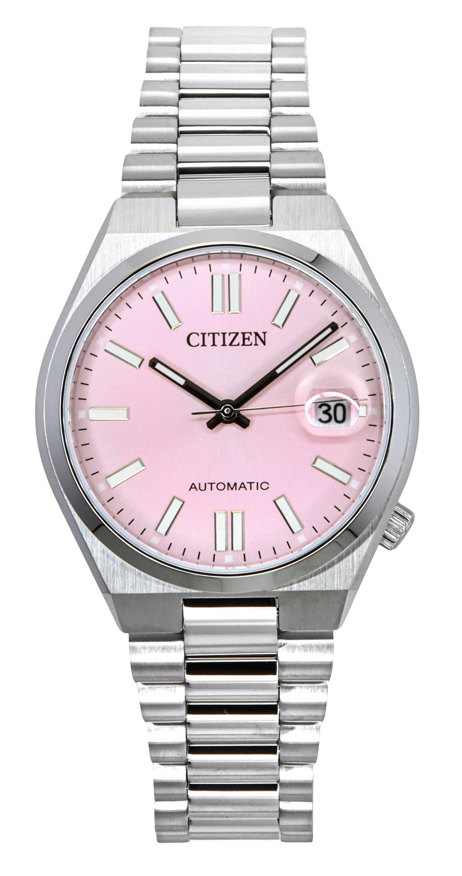 Citizen Tsuyosa Automatic movement Pink Stainless steel Female NJ0200-50Z. A brand-new Citizen Tsuyosa watch featuring a Pink dial and a Stainless steel strap. Angled view.
