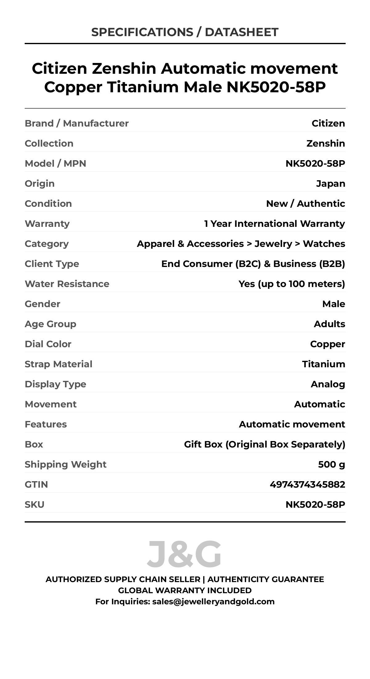 Citizen Zenshin Automatic movement Copper Titanium Male NK5020-58P - Specifications