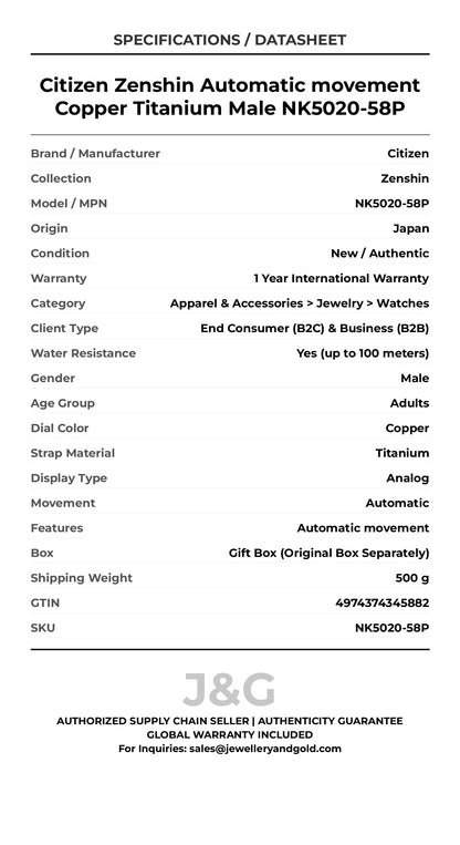 Citizen Zenshin Automatic movement Copper Titanium Male NK5020-58P - Specifications