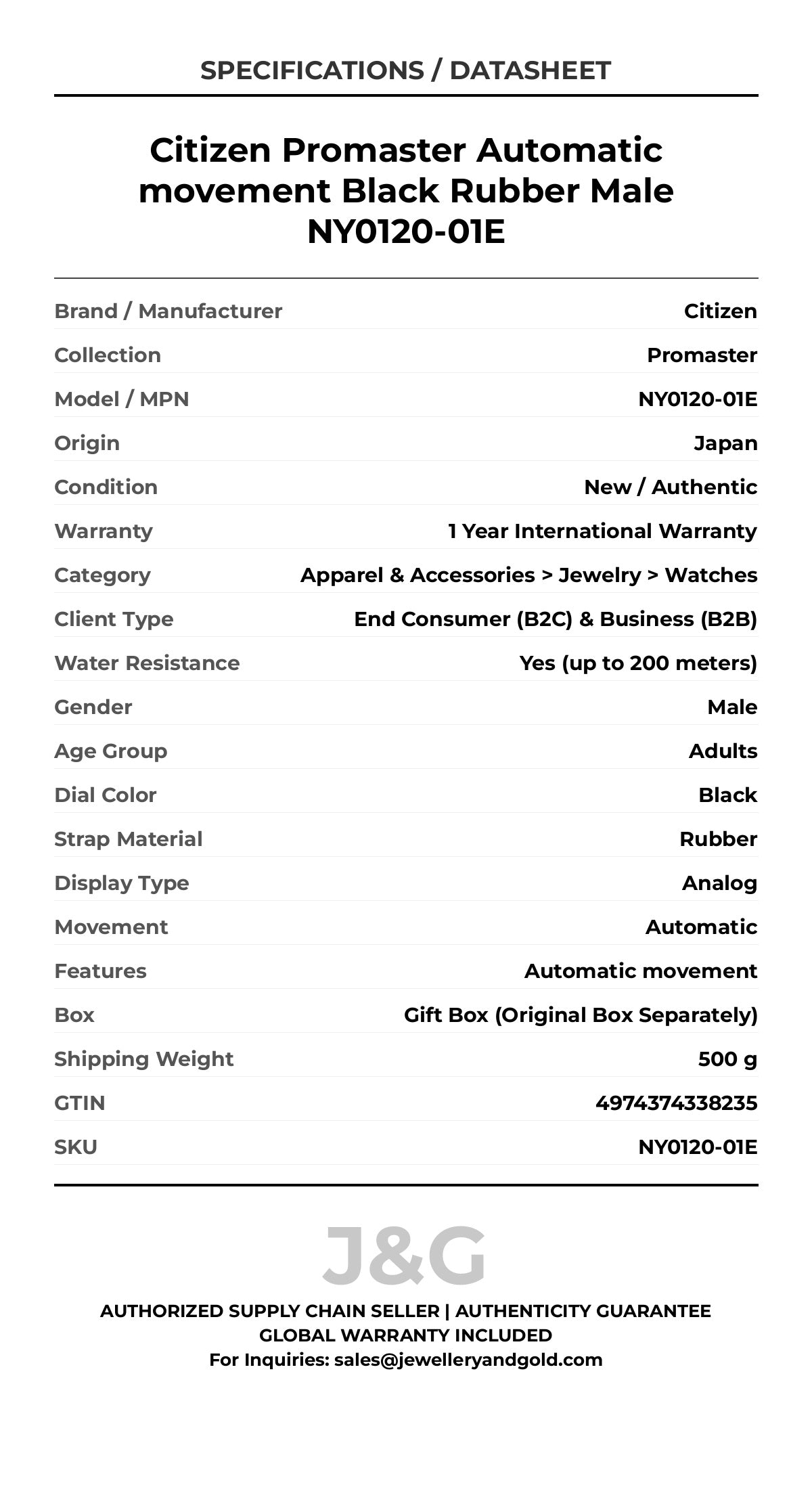 Citizen Promaster Automatic movement Black Rubber Male NY0120-01E - Specifications