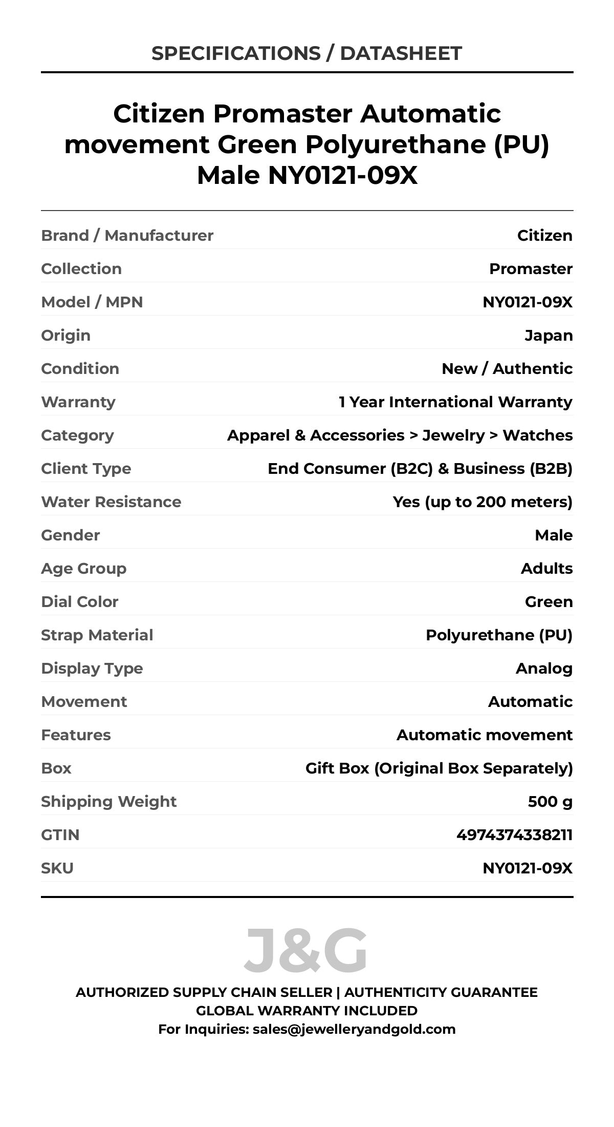Citizen Promaster Automatic movement Green Polyurethane (PU) Male NY0121-09X - Specifications