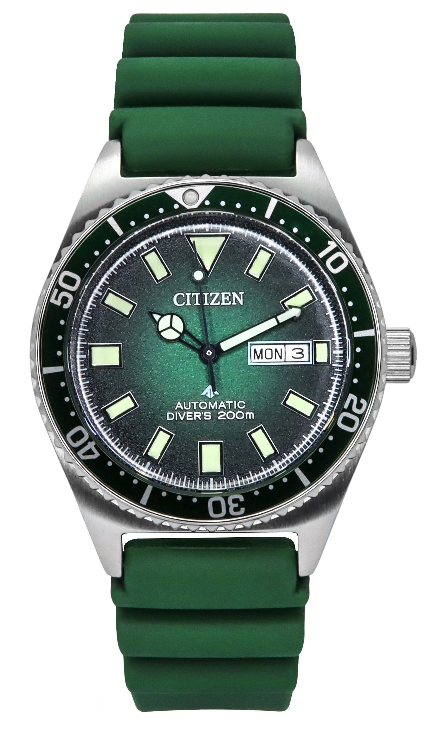 Citizen Promaster Automatic movement Green Polyurethane (PU) Male NY0121-09X. A brand-new Citizen Promaster watch featuring a Green dial and a Polyurethane (PU) strap. Angled view.