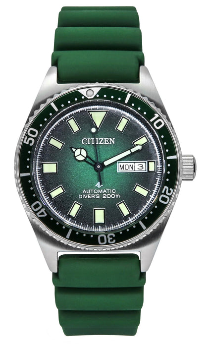 Citizen Promaster Automatic movement Green Polyurethane (PU) Male NY0121-09X. A brand-new Citizen Promaster watch featuring a Green dial and a Polyurethane (PU) strap. Angled view.