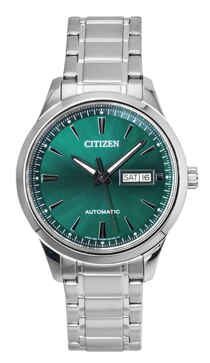 Citizen Automatic movement Green Stainless steel Male NY4058-79X. A brand-new Citizen watch featuring a Green dial and a Stainless steel strap. Side view.