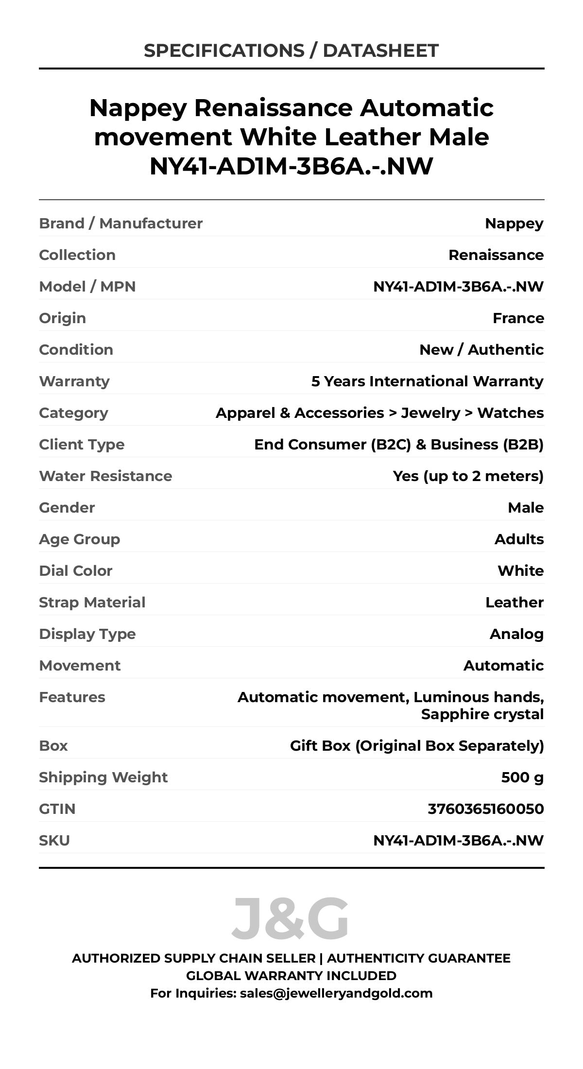 Nappey Renaissance Automatic movement White Leather Male NY41-AD1M-3B6A.-.NW - Specifications