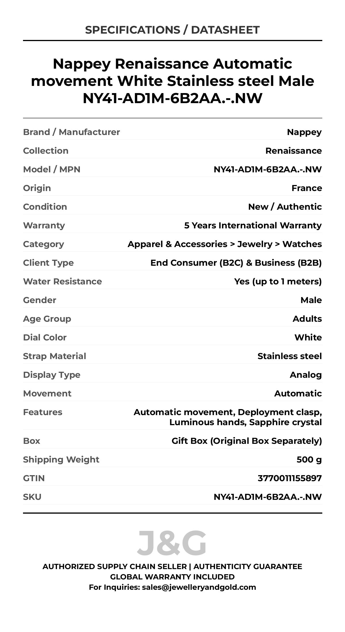 Nappey Renaissance Automatic movement White Stainless steel Male NY41-AD1M-6B2AA.-.NW - Specifications