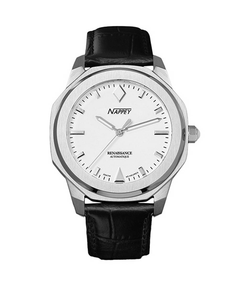Nappey Renaissance Automatic movement Black Leather Male NY41-AD2M-1B1A.-.NW. A brand-new Nappey Renaissance watch featuring a Black dial and a Leather strap. Angled view.