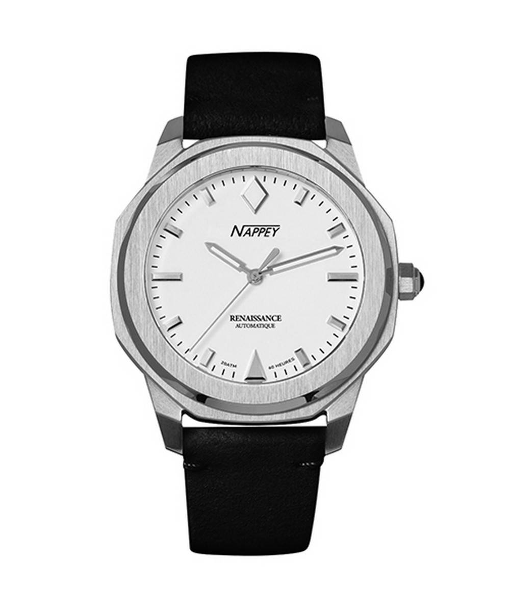 Nappey Renaissance Automatic movement Black Leather Male NY41-AD2M-3B1A.-.NW. A brand-new Nappey Renaissance watch featuring a Black dial and a Leather strap. Angled view.