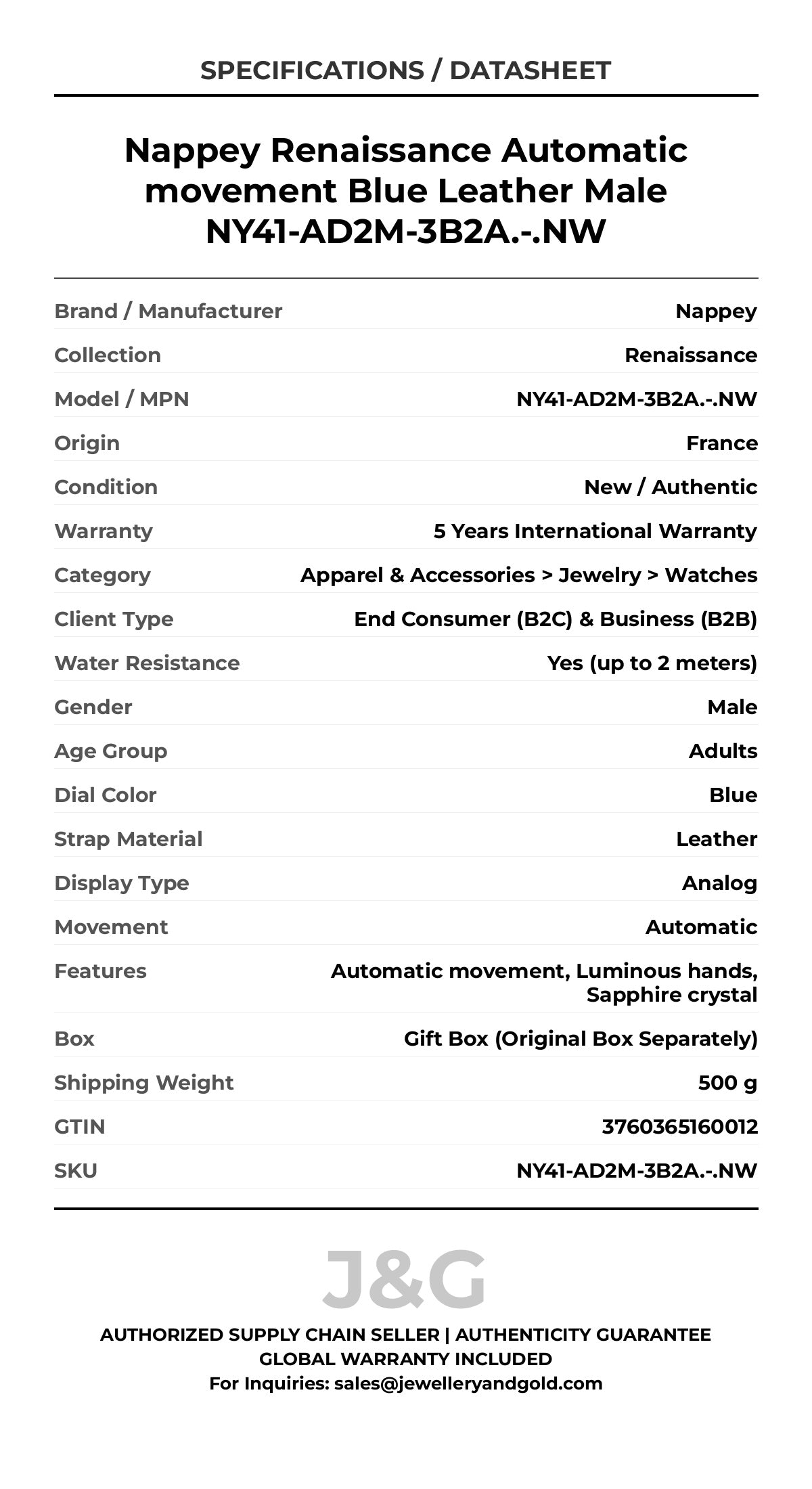 Nappey Renaissance Automatic movement Blue Leather Male NY41-AD2M-3B2A.-.NW - Specifications