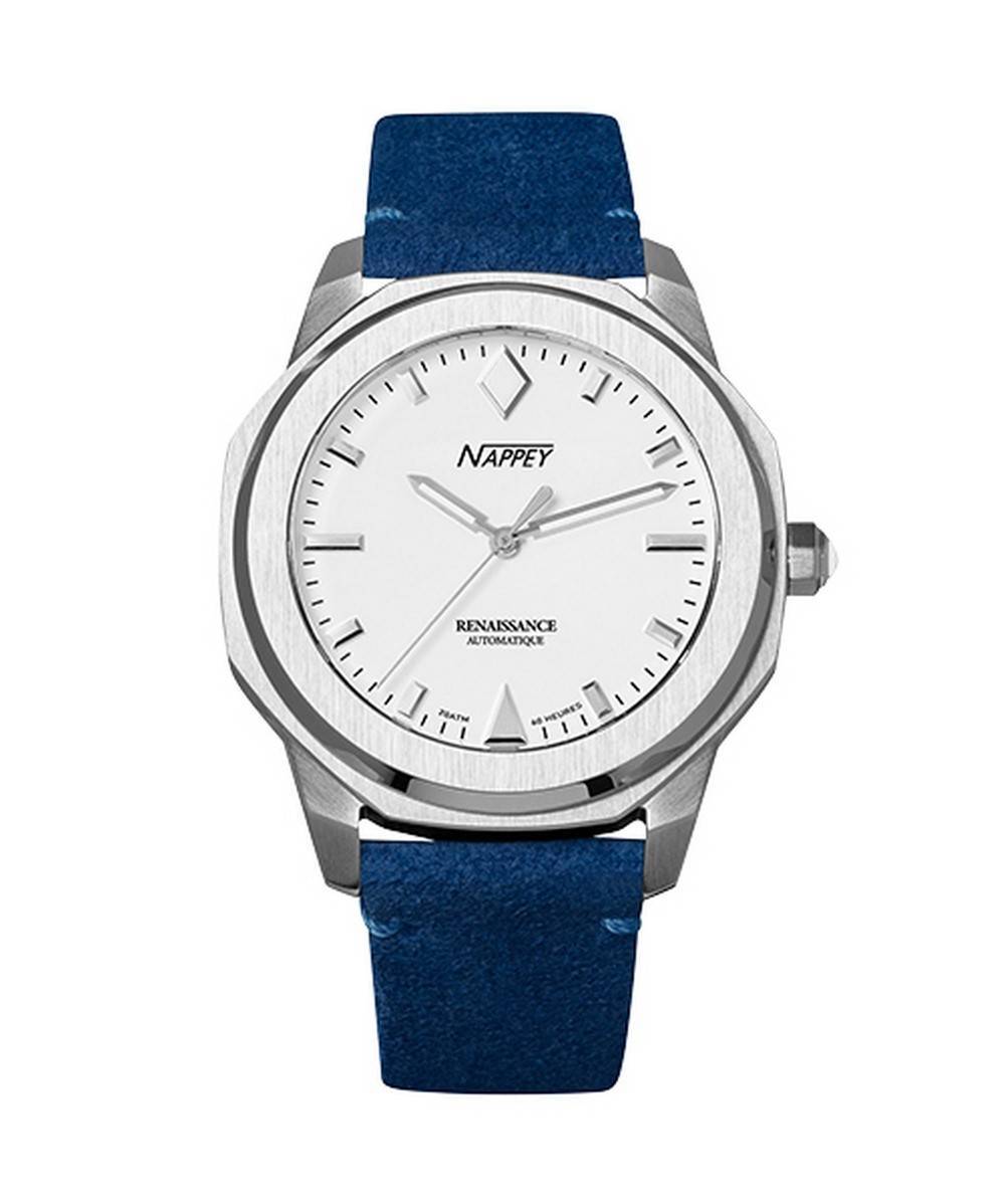 Nappey Renaissance Automatic movement Blue Leather Male NY41-AD2M-3B4A.-.NW. A brand-new Nappey Renaissance watch featuring a Blue dial and a Leather strap. Side view.