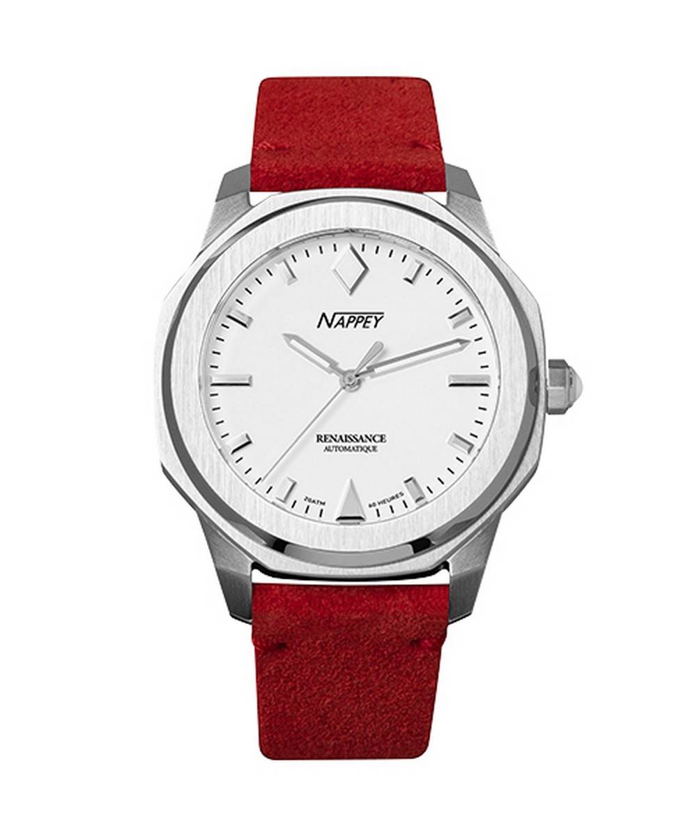 Nappey Renaissance Automatic movement White Leather Male NY41-AD2M-3B6A.-.NW. A brand-new Nappey Renaissance watch featuring a White dial and a Leather strap. Angled view.