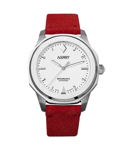 Nappey Renaissance Automatic movement White Leather Male NY41-AD2M-3B6A.-.NW. A brand-new Nappey Renaissance watch featuring a White dial and a Leather strap. Angled view.