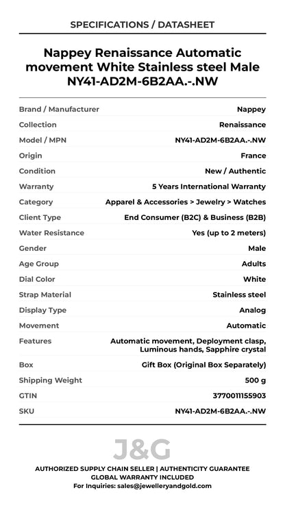 Nappey Renaissance Automatic movement White Stainless steel Male NY41-AD2M-6B2AA.-.NW - Specifications
