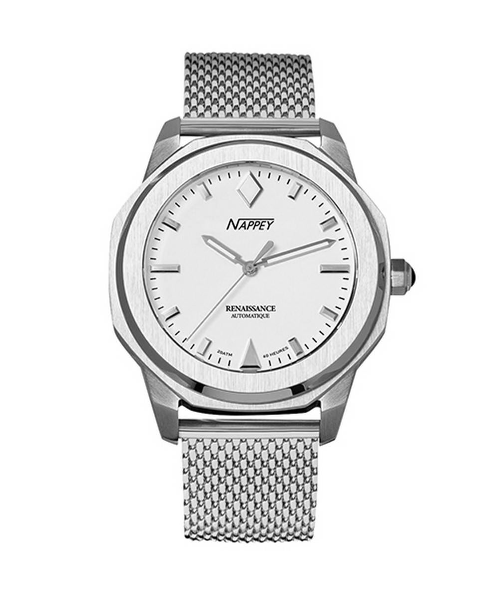 Nappey Renaissance Automatic movement White Stainless steel Male NY41-AD2M-6B2AA.-.NW. A brand-new Nappey Renaissance watch featuring a White dial and a Stainless steel strap. Front view.