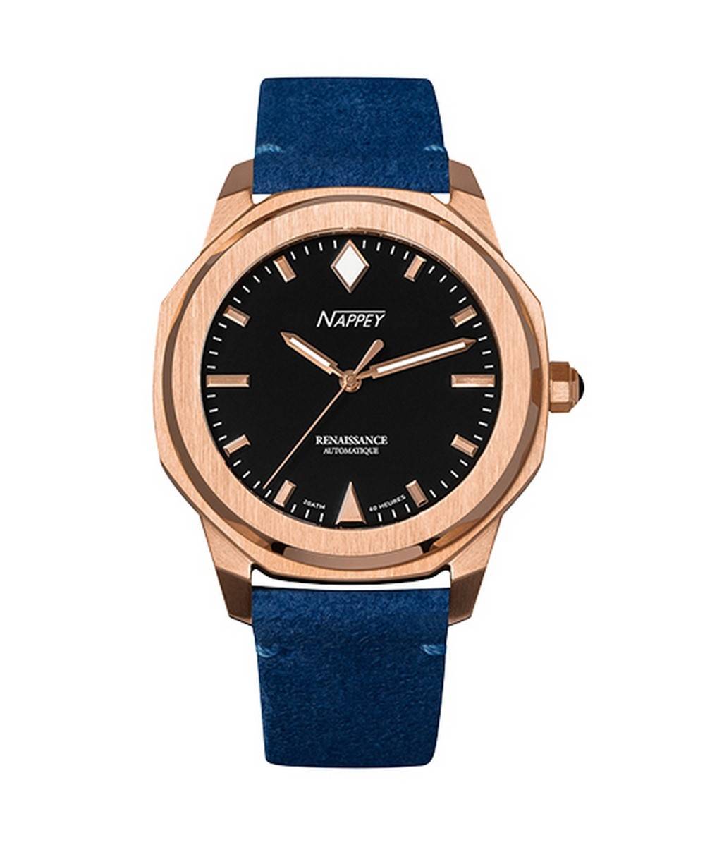 Nappey Renaissance Automatic movement Blue Leather Male NY41-BD1M-3B4A.-.NW. A brand-new Nappey Renaissance watch featuring a Blue dial and a Leather strap. Side view.
