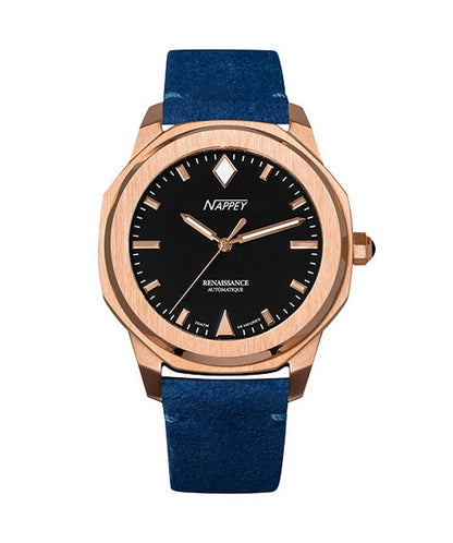 Nappey Renaissance Automatic movement Blue Leather Male NY41-BD1M-3B4A.-.NW. A brand-new Nappey Renaissance watch featuring a Blue dial and a Leather strap. Side view.