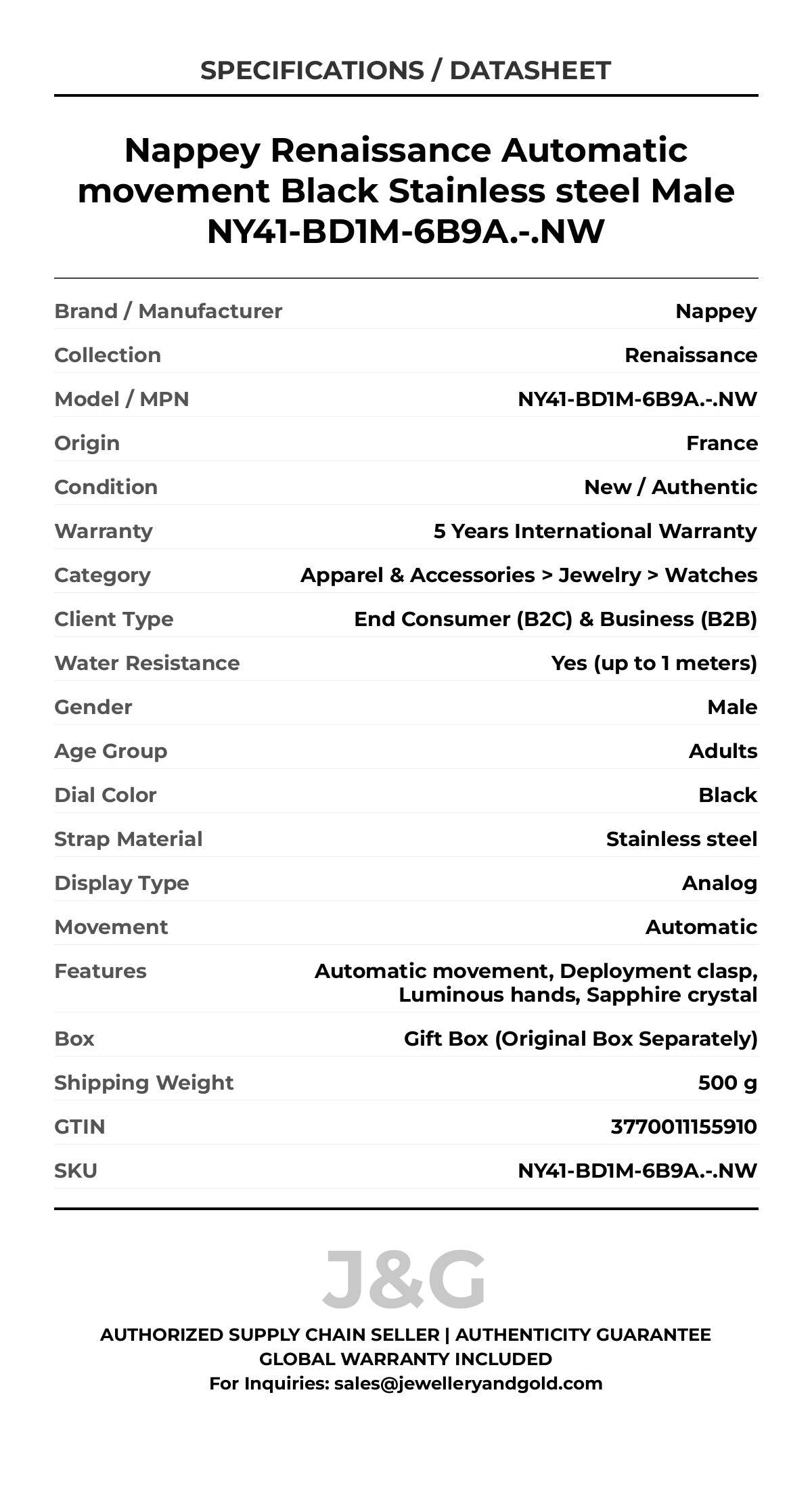 Nappey Renaissance Automatic movement Black Stainless steel Male NY41-BD1M-6B9A.-.NW - Specifications