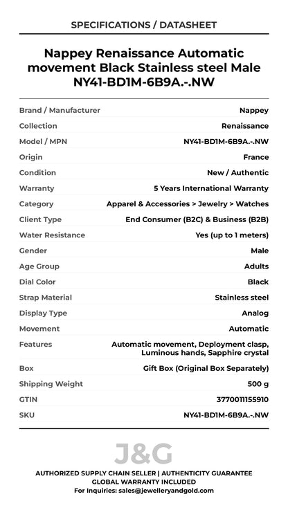 Nappey Renaissance Automatic movement Black Stainless steel Male NY41-BD1M-6B9A.-.NW - Specifications