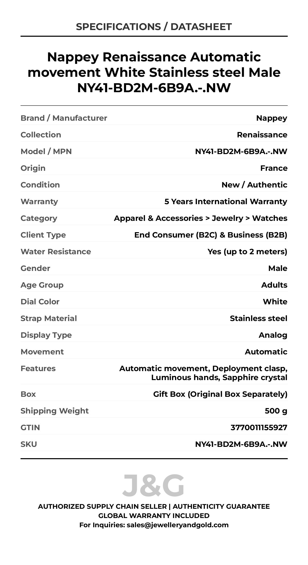 Nappey Renaissance Automatic movement White Stainless steel Male NY41-BD2M-6B9A.-.NW - Specifications