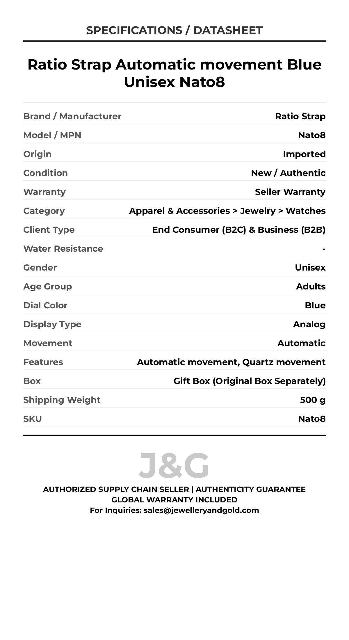 Ratio Strap Automatic movement Blue Unisex Nato8 - Specifications
