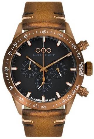 Out Of Order Bronzo Luminous hands Black Leather Male OOO.001-13.MS.-.OW. A brand-new Out Of Order Bronzo watch featuring a Black dial and a Leather strap. Side view.