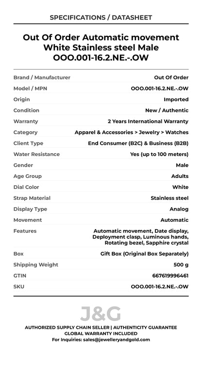 Out Of Order Automatic movement White Stainless steel Male OOO.001-16.2.NE.-.OW - Specifications