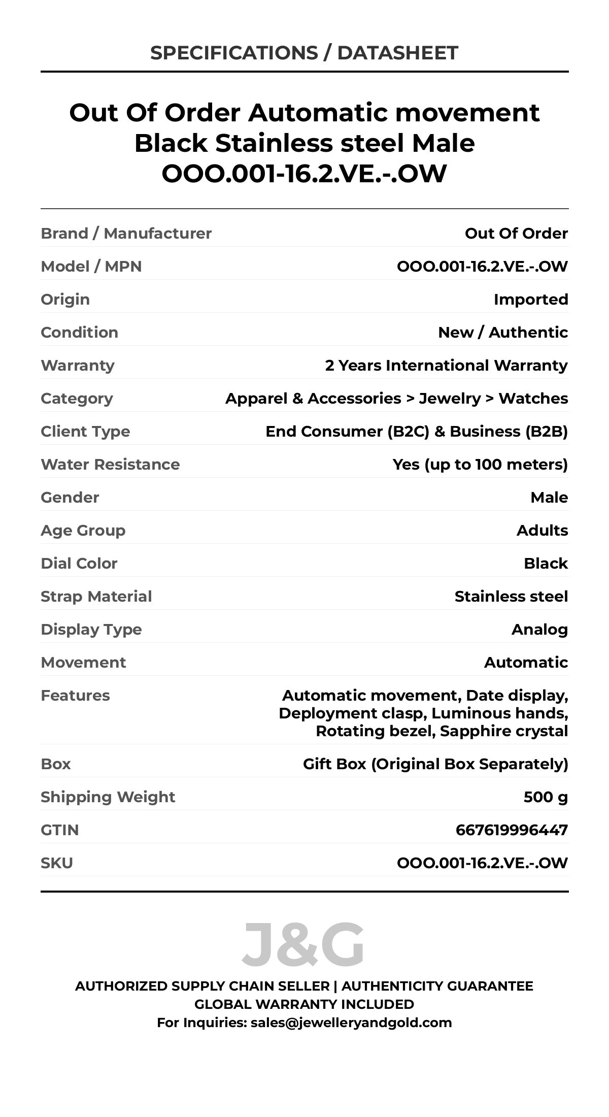 Out Of Order Automatic movement Black Stainless steel Male OOO.001-16.2.VE.-.OW - Specifications