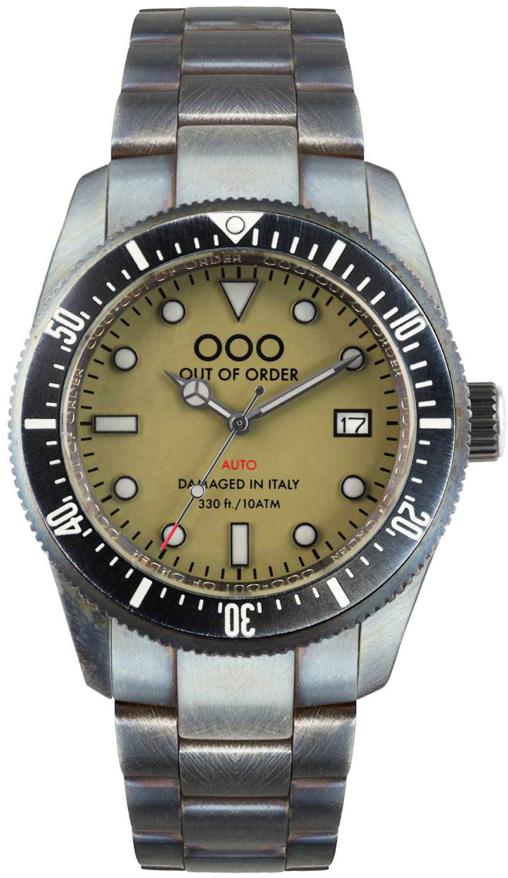 Out Of Order Automatic movement Black Stainless steel Male OOO.001-16.2.VE.-.OW. A brand-new Out Of Order watch featuring a Black dial and a Stainless steel strap. Angled view.