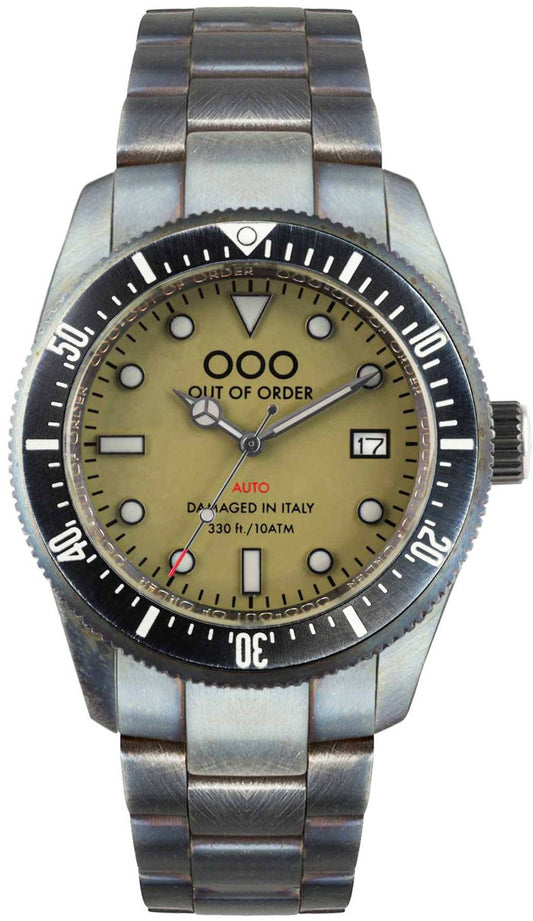 Out Of Order Automatic movement Black Stainless steel Male OOO.001-16.2.VE.-.OW. A brand-new Out Of Order watch featuring a Black dial and a Stainless steel strap. Angled view.