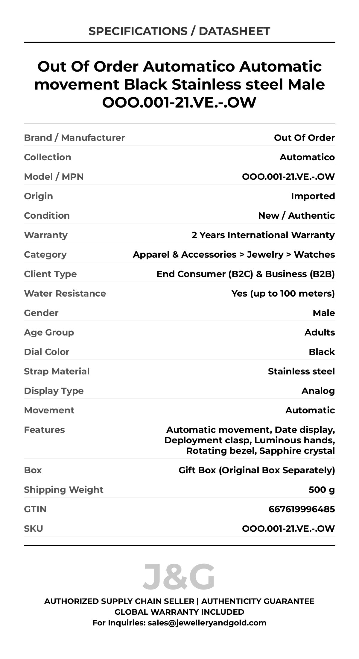 Out Of Order Automatico Automatic movement Black Stainless steel Male OOO.001-21.VE.-.OW - Specifications