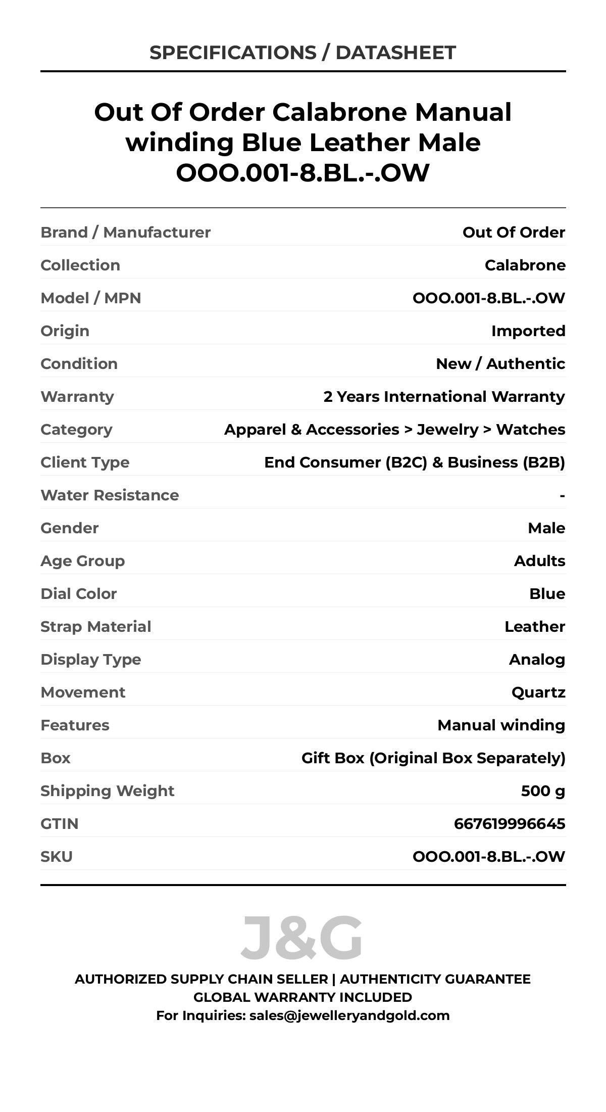 Out Of Order Calabrone Manual winding Blue Leather Male OOO.001-8.BL.-.OW - Specifications