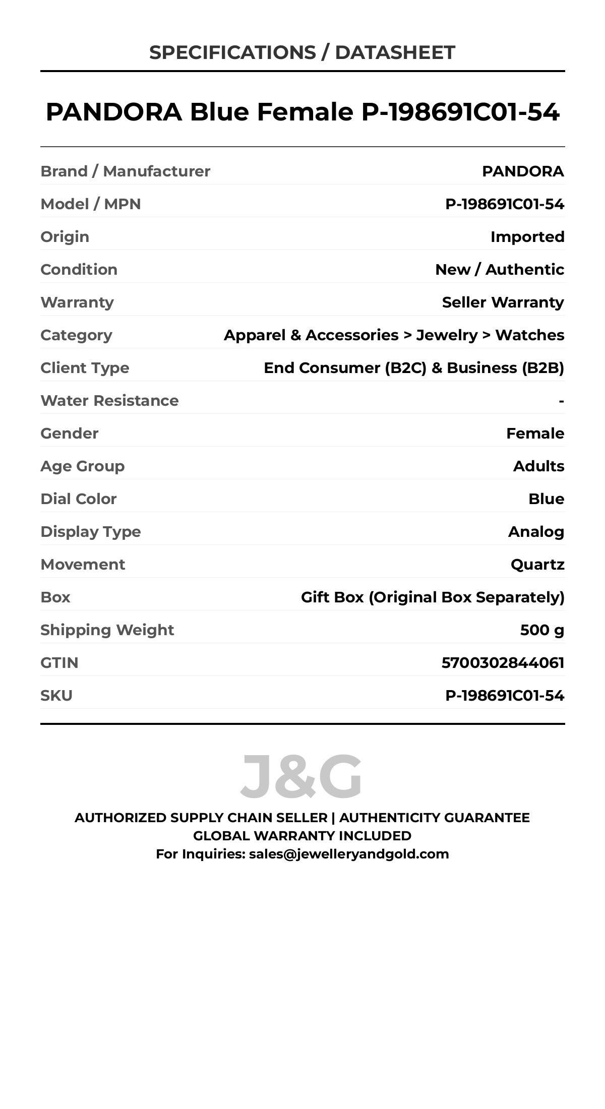 PANDORA Blue Female P-198691C01-54 - Specifications