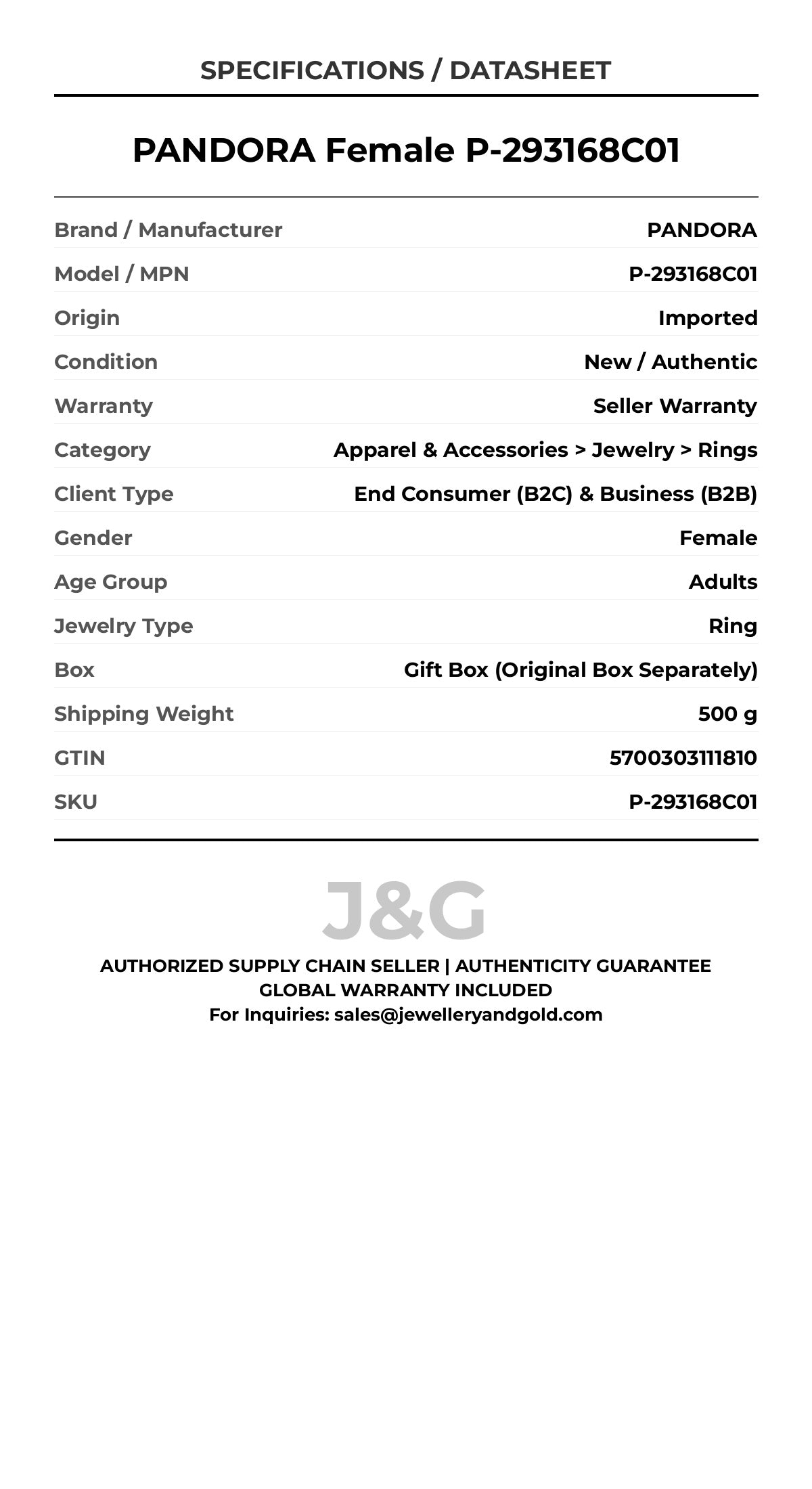 PANDORA Female P-293168C01 - Specifications