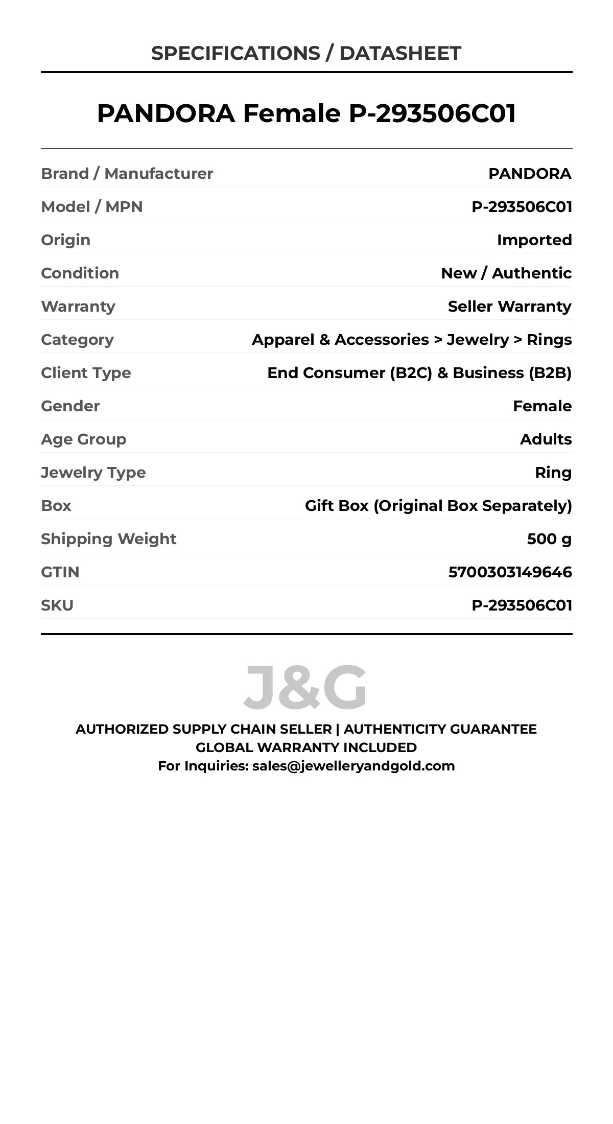 PANDORA Female P-293506C01 - Specifications