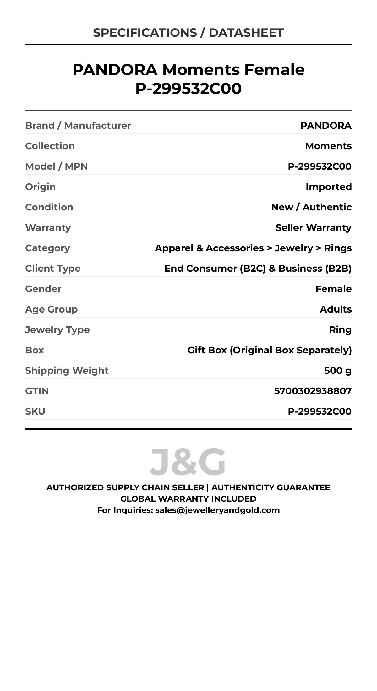 PANDORA Moments Female P-299532C00 - Specifications