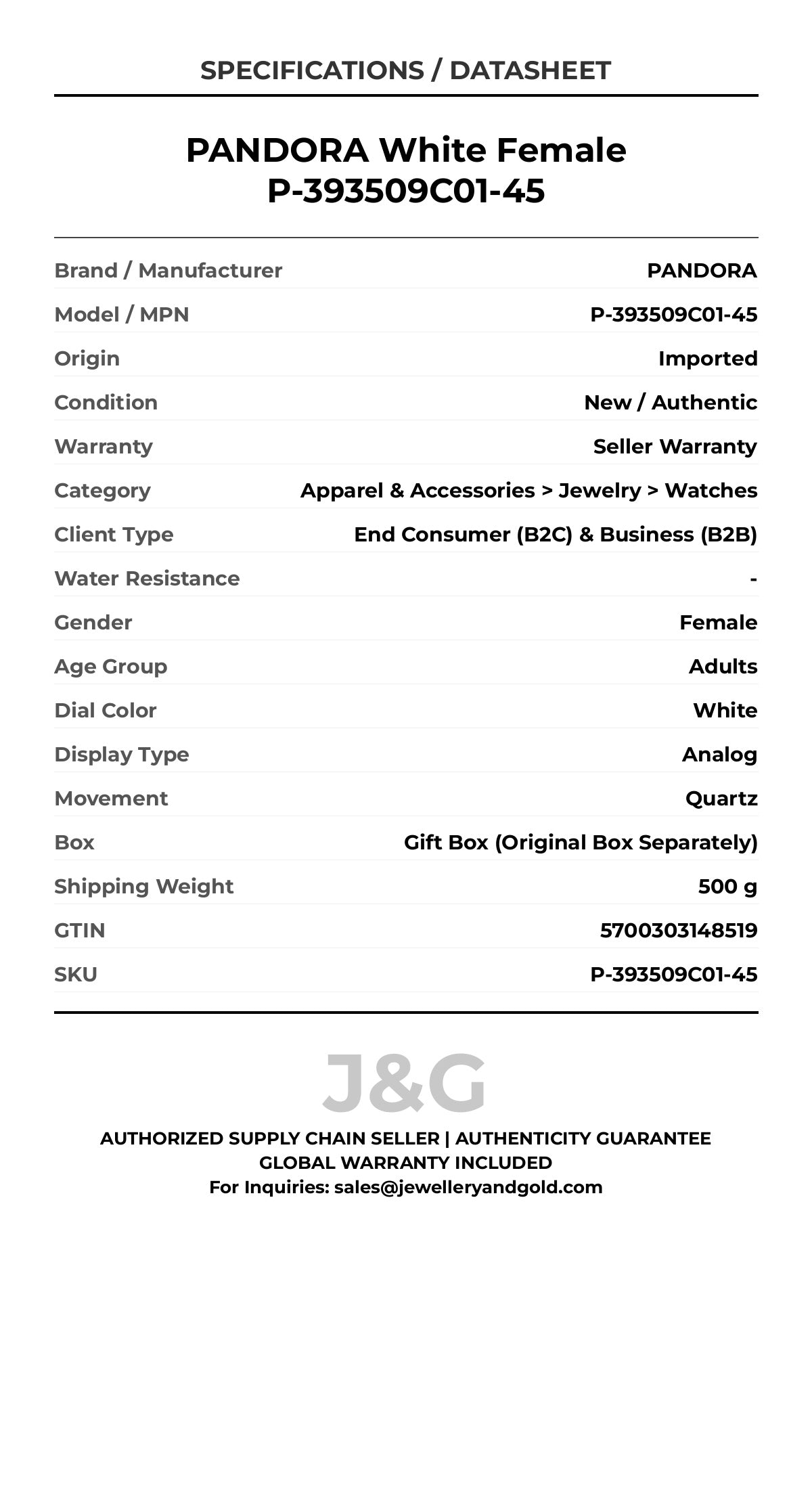 PANDORA White Female P-393509C01-45 - Specifications