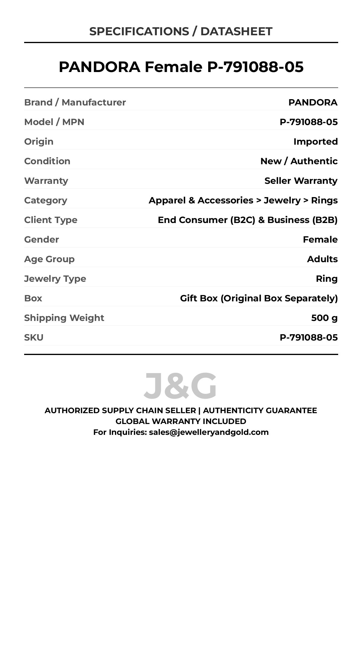 PANDORA Female P-791088-05 - Specifications