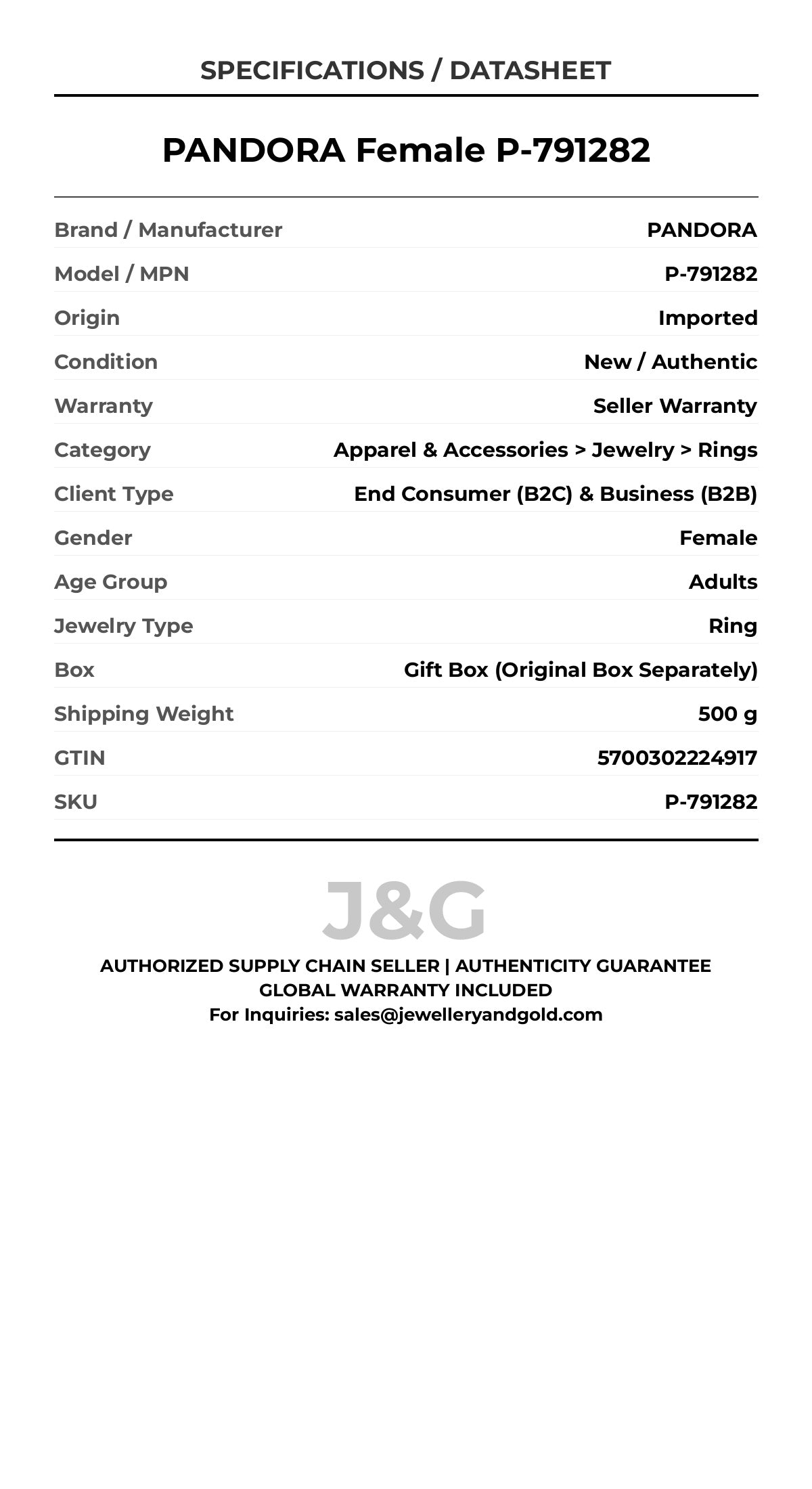 PANDORA Female P-791282 - Specifications