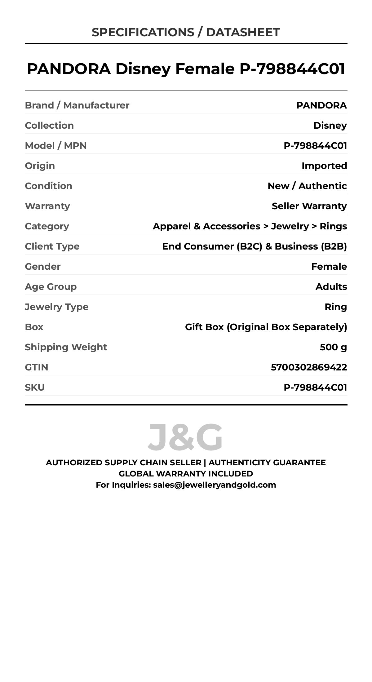 PANDORA Disney Female P-798844C01 - Specifications