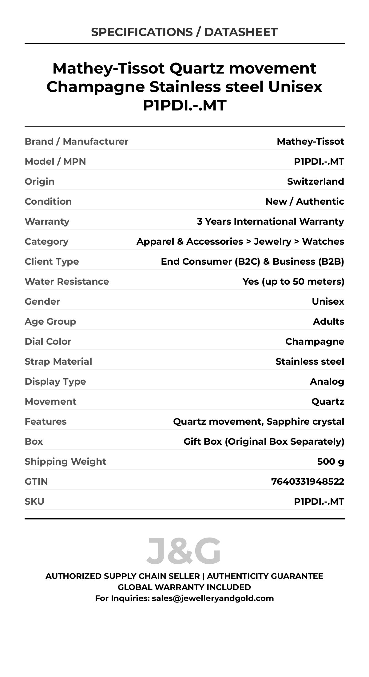 Mathey-Tissot Quartz movement Champagne Stainless steel Unisex P1PDI.-.MT - Specifications