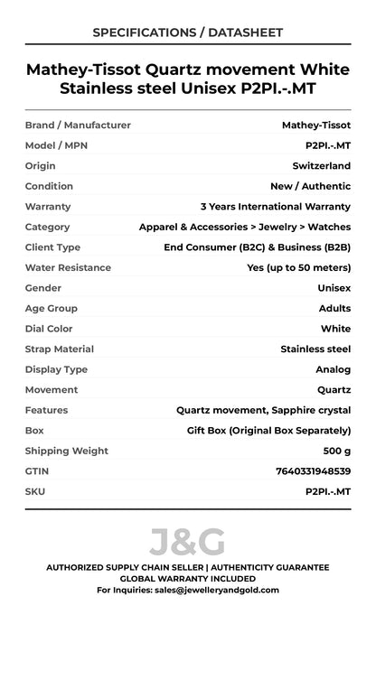 Mathey-Tissot Quartz movement White Stainless steel Unisex P2PI.-.MT - Specifications