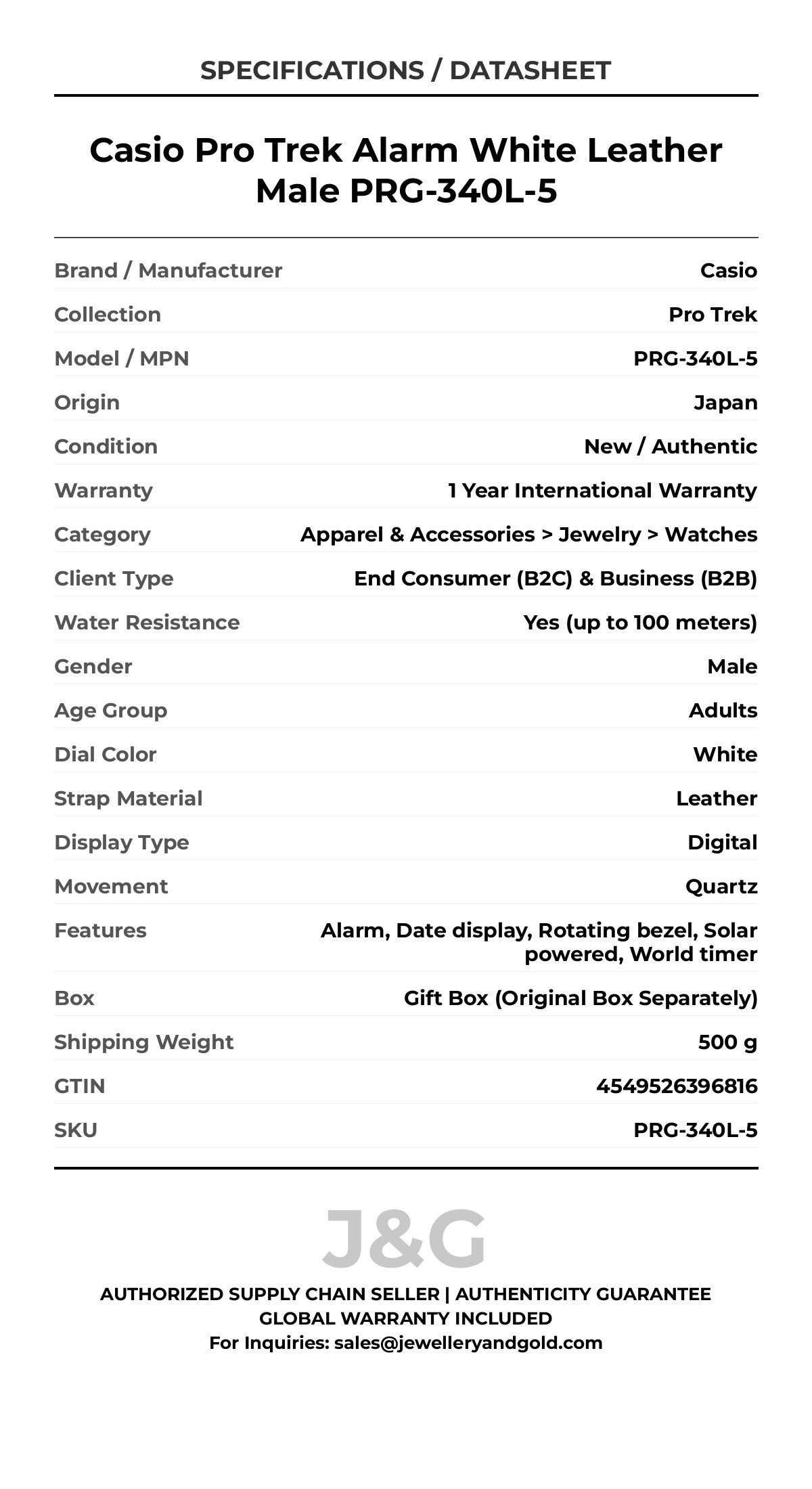 Casio Pro Trek Alarm White Leather Male PRG-340L-5 - Specifications