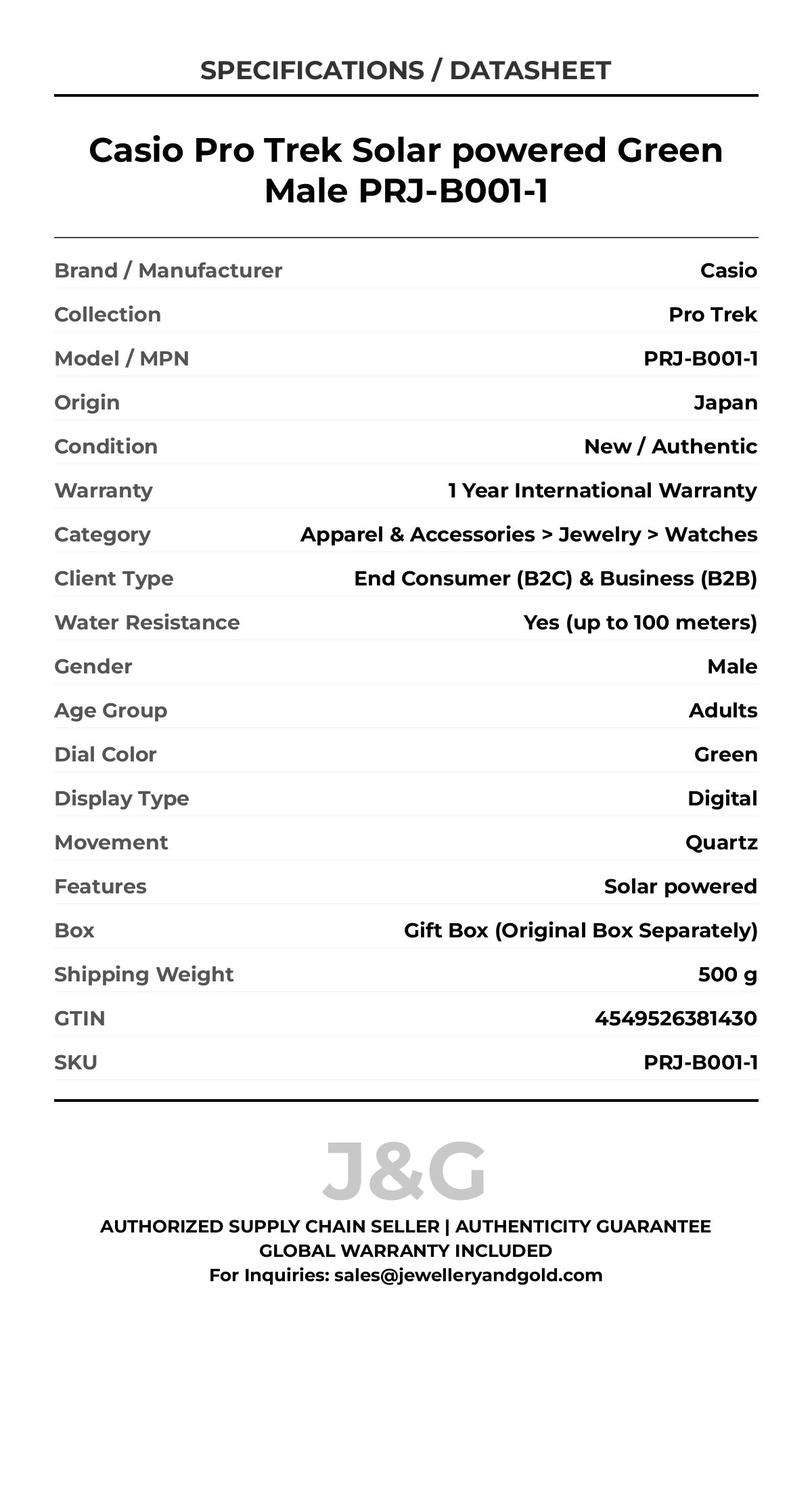 Casio Pro Trek Solar powered Green Male PRJ-B001-1 - Specifications