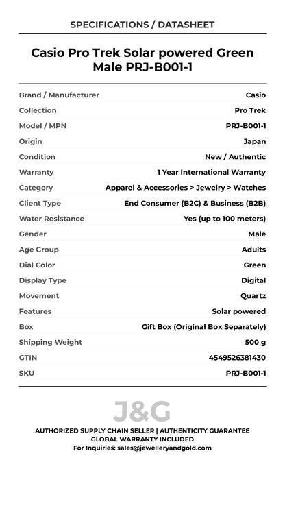 Casio Pro Trek Solar powered Green Male PRJ-B001-1 - Specifications