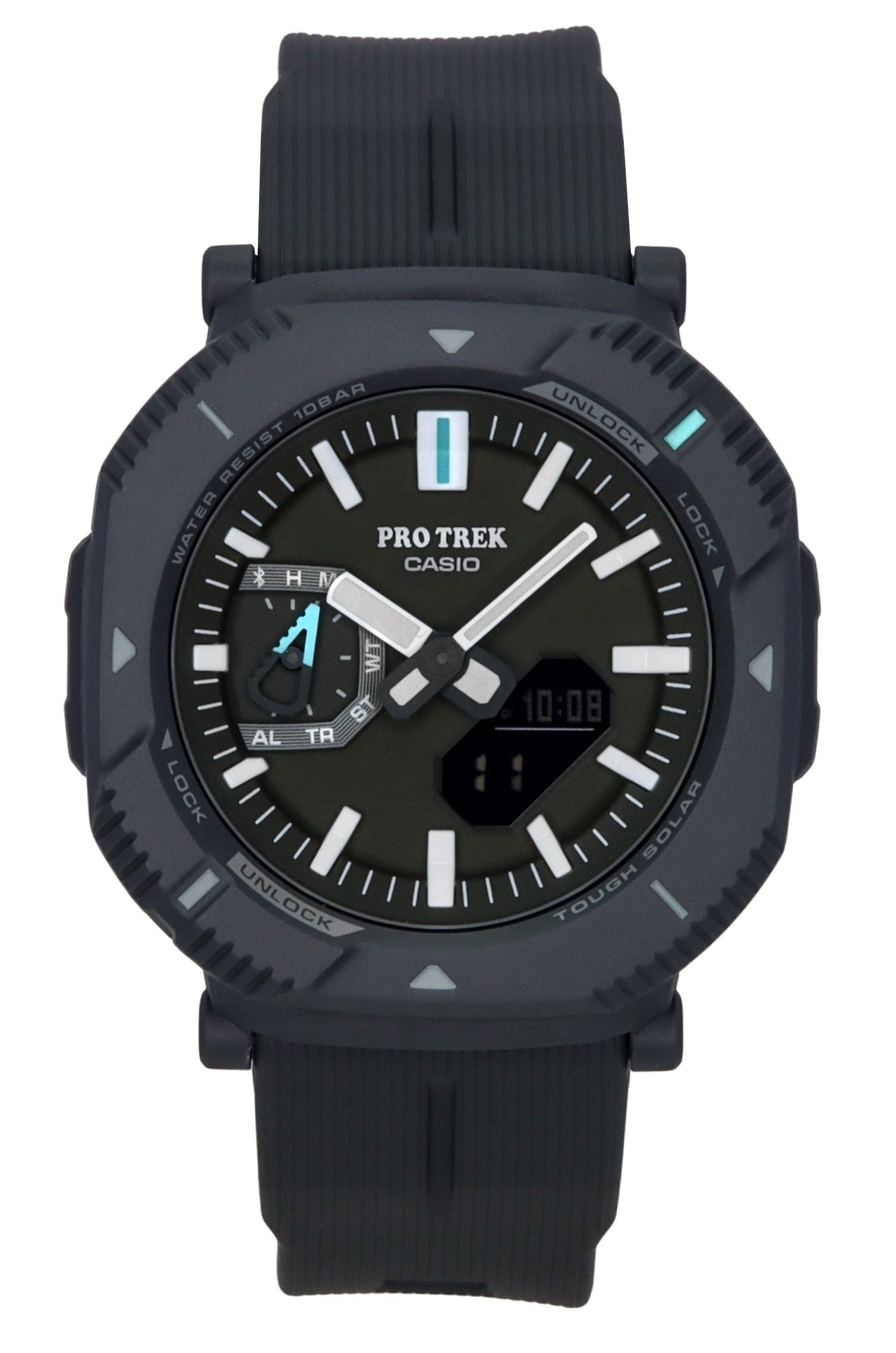 Casio Pro Trek Solar powered Green Male PRJ-B001-1. A brand-new Casio Pro Trek watch featuring a Green dial. Angled view.
