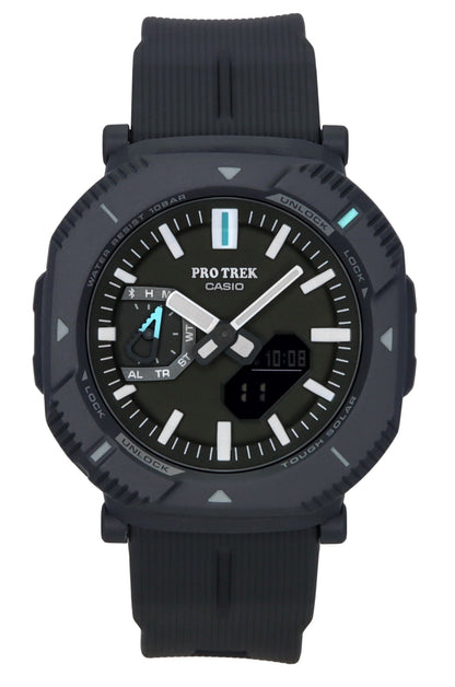Casio Pro Trek Solar powered Green Male PRJ-B001-1. A brand-new Casio Pro Trek watch featuring a Green dial. Angled view.